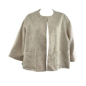 Louben Women's Size 6 Ivory Gold Sequins Open Front Textured Linen Blend Blazer